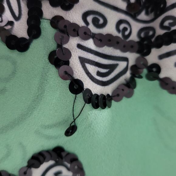Manoush Chiffon Blouse Green Sequins Top Sheer Pastel Paisley Black Bow Size 4 - Picture 11 of 14